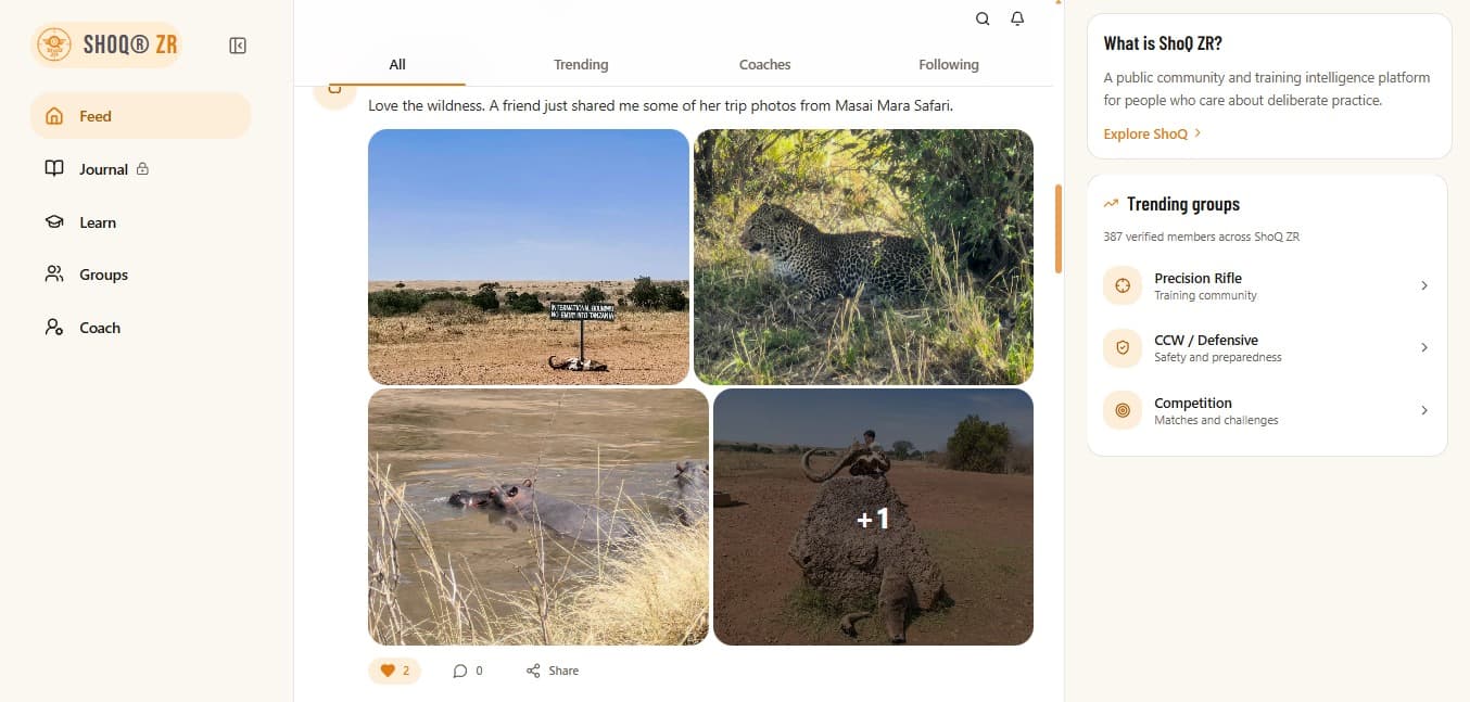 The ShoQ ZR feed with posts, groups and a trending groups panel